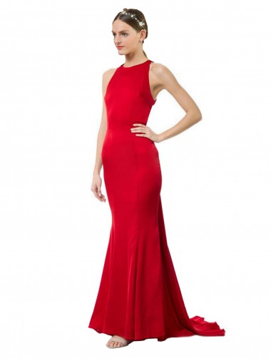 Outlet Rojo Sirena Halter Cuello Alto Crepé Elástico Largo Formales Vestidos de dama de honor / Vestidos de fiesta