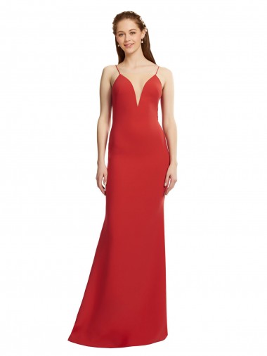 Outlet Rojo Sirena Tirantes espagueti Cuello en V Crepé Elástico Largo Formales Vestidos de dama de honor / Vestidos de fiesta