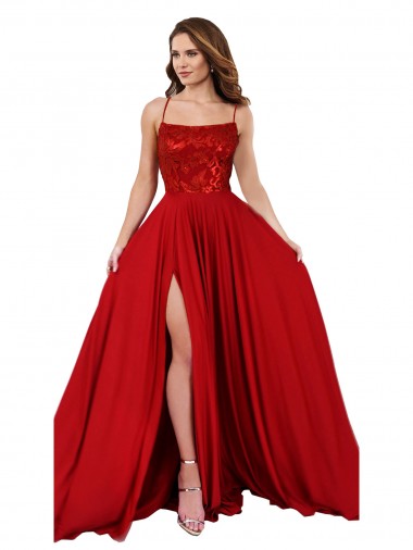 Outlet Rojo línea A Tirantes espagueti Cuadrado Spandex Encaje Largo Vestidos de dama de honor / Vestidos de fiesta