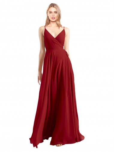 Outlet Rojo línea A Tirantes espagueti Cuello en V Gasa Largo Vestidos de dama de honor