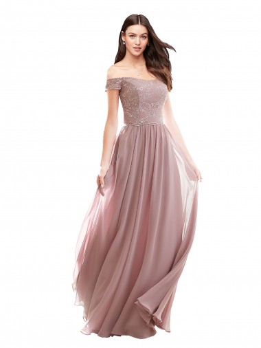 Outlet Rosa 147 línea A Hombros Descubiertos Gasa Encaje Largo Vestidos de dama de honor