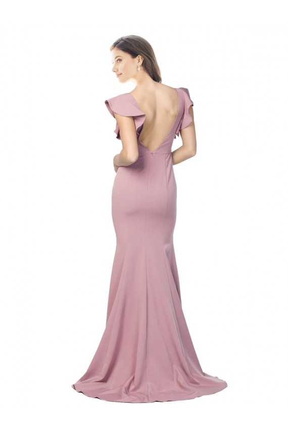 Outlet Rosa empolvado Sirena Cuello redondo Barrer tren Crepé Elástico Largo Formales Vestidos de dama de honor / Vestidos de fiesta