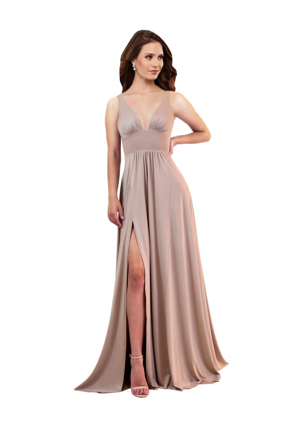 Outlet Rosa empolvado línea A Cuello en V Spandex Largo Formales Vestidos de dama de honor / Vestidos de fiesta