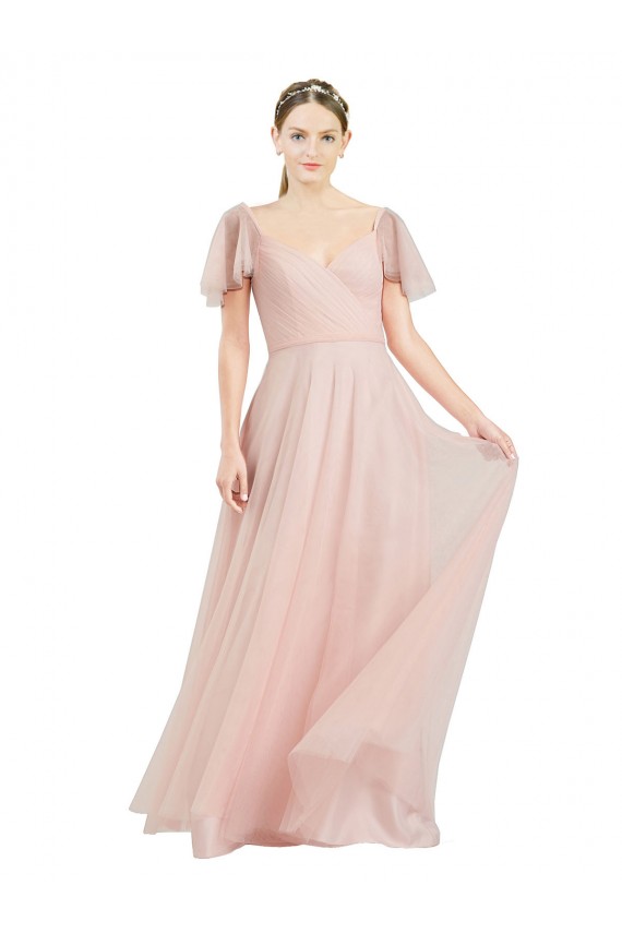 Outlet Rosa línea A Cuello en V Tul Largo Vestidos de dama de honor